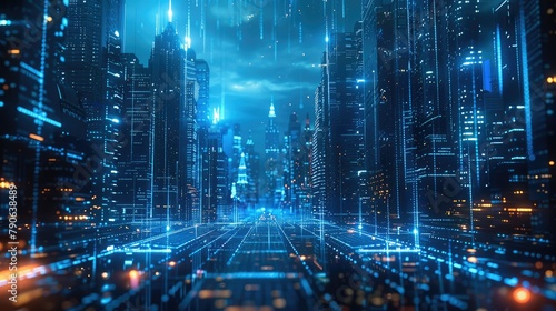 Digital hologram of urban buildings, composed of data and code lines in blue color, floating on the digital grid background with glowing effects. Generative AI.