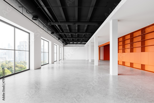 Stylish empty office interior orange shelves, panoramic window on skyscrapers
