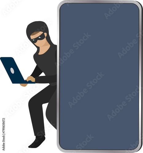 Hacker with blank smartphone screen. Phishing scam, fraud link, cyber attack and digital crime concept. 