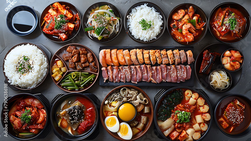 Assortment of Korean traditional dishes, Asian food, Top view, flat lay, panorama, hyperrealistic food photography