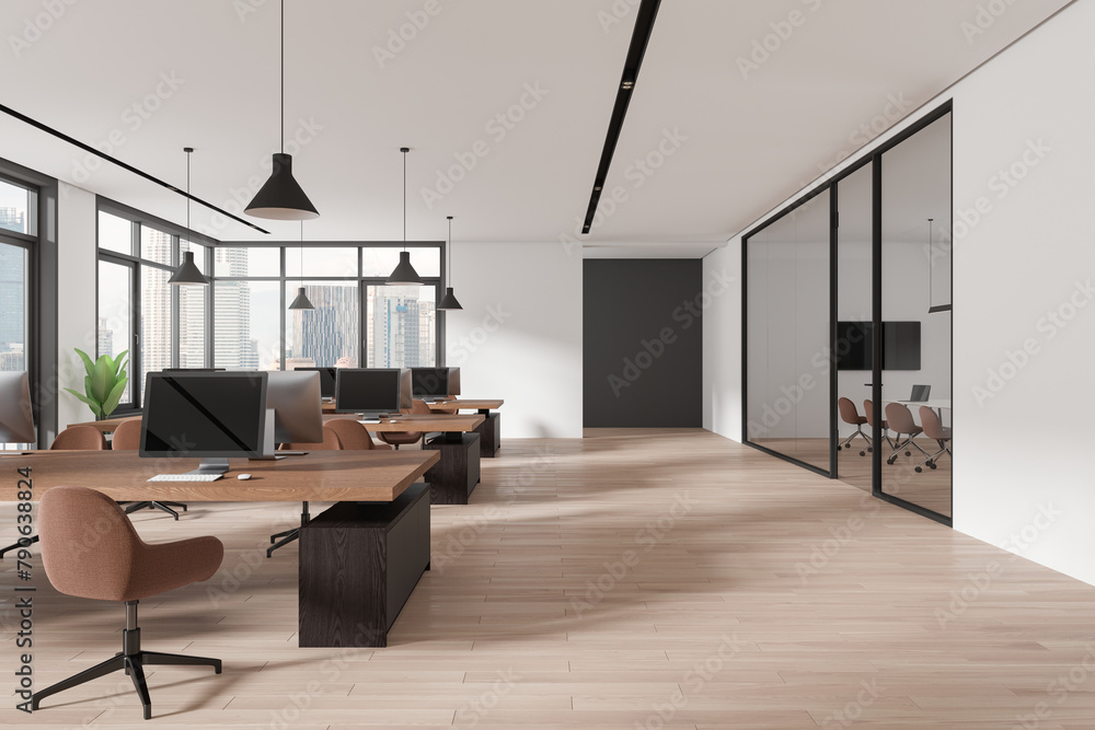 Obraz premium Stylish office interior with meeting and coworking room, panoramic window