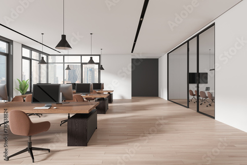 Photography Stylish office interior with meeting and coworking room, panoramic window