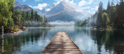 Calm lake and wooden pier surrounded by snowy mountains.
