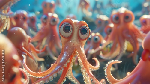 A leader emerges as a joyful squid navigates through a crowd of sameness, its adorable uniqueness lit by the sunny, blue underwater world © Paul