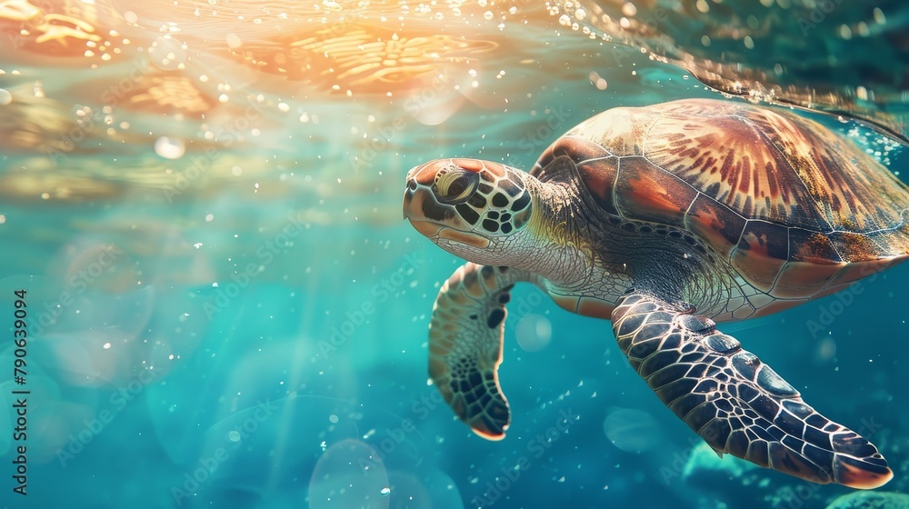 Fototapeta premium Adorable turtle rising as a beacon of uniqueness and leadership, bathed in sunlight under the crystalline blue water