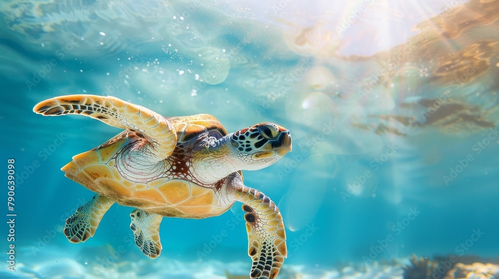 Obraz premium Adorable turtle rising as a beacon of uniqueness and leadership, bathed in sunlight under the crystalline blue water