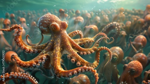 An adorable octopus leading the way among a uniform crowd, underwater world bathed in sunlight, emphasizing uniqueness and identity