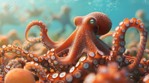 An adorable octopus leading the way among a uniform crowd, underwater world bathed in sunlight, emphasizing uniqueness and identity