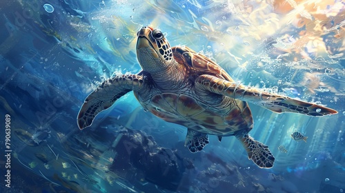 Adorable turtle rising as a beacon of uniqueness and leadership  bathed in sunlight under the crystalline blue water