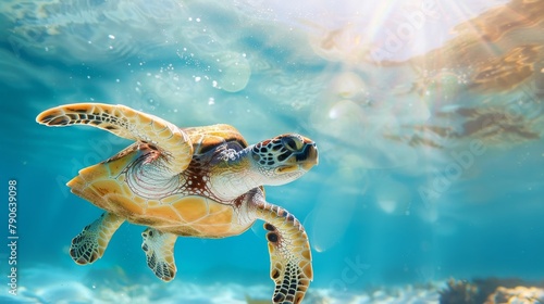 Adorable turtle rising as a beacon of uniqueness and leadership  bathed in sunlight under the crystalline blue water