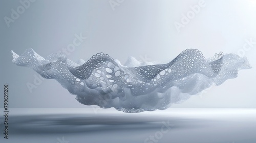 abstract background, a floating fabric object like a white lace doily, white background, minimal style,