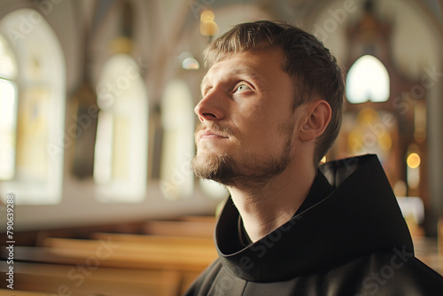 young christian catholic monk or friar praying in the abbey