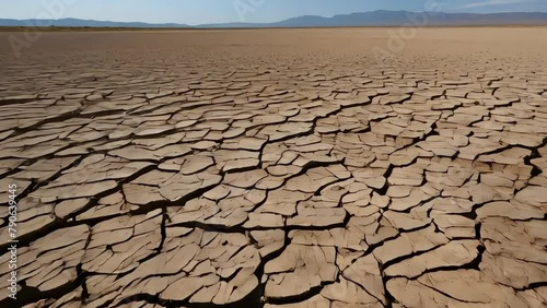 A textured surface resembling cracked earth, with parched soil and fissures running through the landscape.
