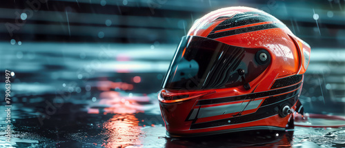 Close up of motorcycle helmet on the blurred road background. Motorcycles sport concept. Motorbike. Generative ai