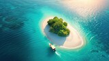Beautiful summer landscape of tropical island with boat in ocean. Transition of sandy beach into turquoise water