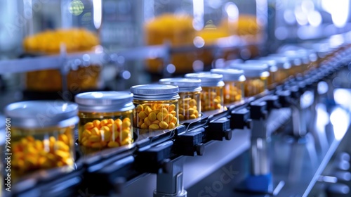 close-up of medical  production line at modern modern pharmaceutical factory. medication manufacturing process.