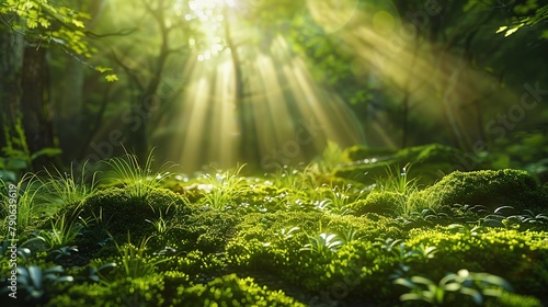 Beautiful rays of sunlight in a green forest. Fantasy mystical mossy forest with amazing plants. panoramic natural scenery for mysterious background photo