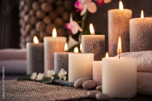 Closeup of burning candles spreading aroma on table in a spa room. Beautiful composition with grey and white candles for spa treatment. Zen and relax concept