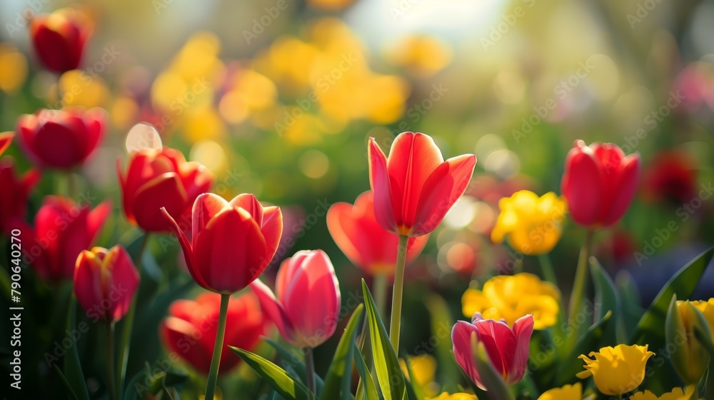 A field of red and yellow tulips in the morning sun. A field of red and yellow tulips in the morning sun.