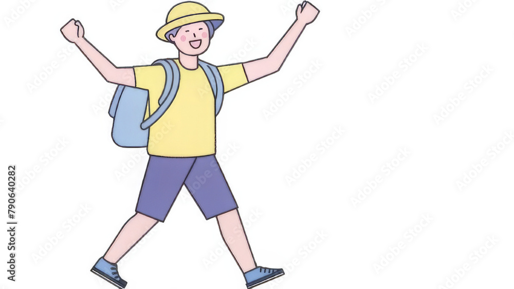 A young man wearing shorts, a yellow shirt and blue sandals is cheering with his right hand raised above his head in the style of Japanese anime. A young man wearing shorts, a yellow shirt and blue sandals is cheering with his right hand raised above his head in the style of Japanese anime.