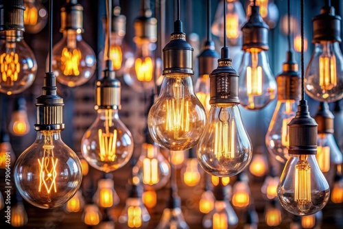 A group of vintage incandescent light bulbs hang from the ceiling. photo