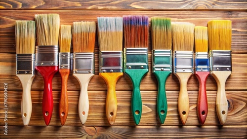A variety of paintbrushes are arranged in a row.
