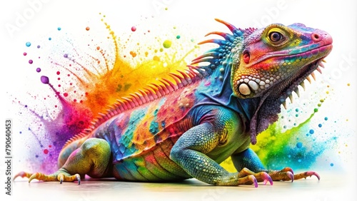 A watercolor painting of a bright rainbow iguana.