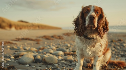 A wet springer spaniel sits on the beach at sunset.