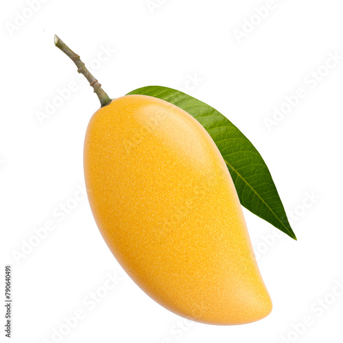 Yellow mango fruit with green leaf isolated white background
