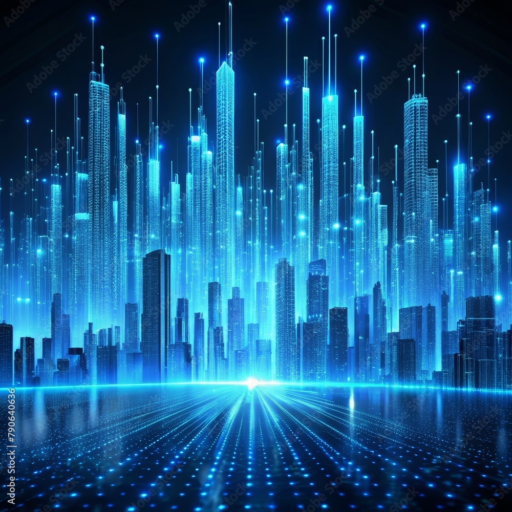 Cityscape with blue glowing skyscrapers and light trails. Cityscape with blue glowing skyscrapers and light trails.
