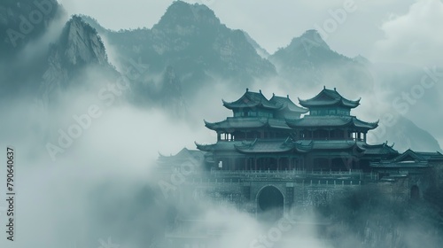 Fantasy background with mysterious ancient Chinese temple in mountains in the fog. Buddhist temple in mountains