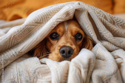 Cozy english cocker spaniel snuggled in a soft blanket indoors, a moment of serenity © MiraCle72