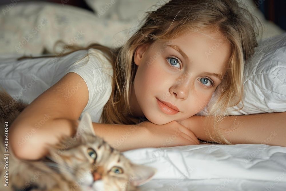 Serene afternoon moments with a young girl and her tabby cat on a bedsheet canvas Serene afternoon moments with a young girl and her tabby cat on a bedsheet canvas