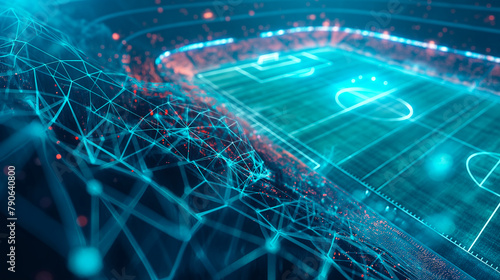Digital Soccer Field Network Connection Concept. Futuristic digital representation of a soccer field with glowing network connections symbolizing technology in sports analytics. photo