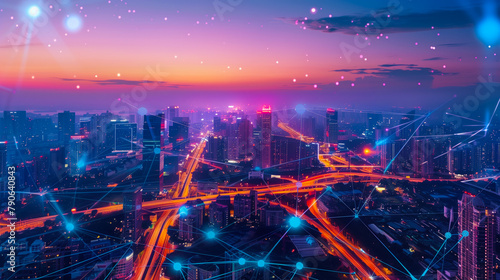 Futuristic Smart City Network Connectivity Concept. A vibrant  high-tech cityscape at twilight with futuristic network lines symbolizing smart city connectivity and data flow.