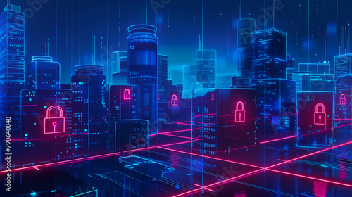 Cybersecurity Data Protection in Virtual Cityscape. A virtual cityscape with glowing padlocks overlaying buildings, representing data security and protection in the digital age.