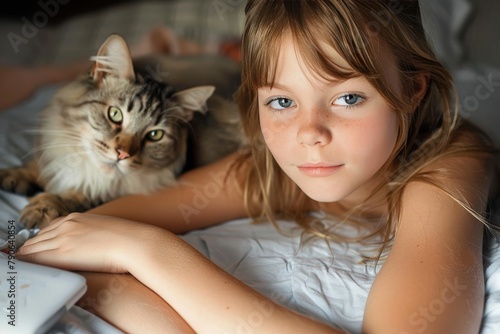 Serene afternoon moments with a young girl and her tabby cat on a bedsheet canvas