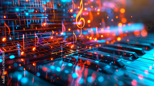 Abstract Digital Music Notes and Piano Keyboard. Abstract image of glowing digital music notes floating above a piano keyboard, symbolizing the fusion of music and technology. photo