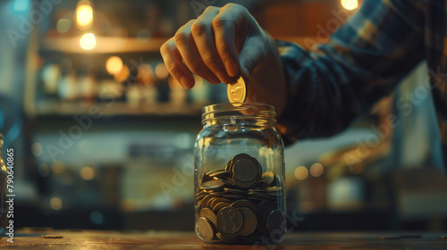 Saving Money: Hand Dropping Coin into Jar. Close-up of a hand placing a coin into a glass jar full of various coins, illustrating the concept of saving or accumulating wealth. photo