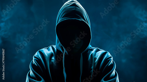Mysterious Person in Hoodie Concealing Identity. A shadowy figure in a hoodie with an obscured face, casting an aura of mystery and anonymity against a dark blue background.