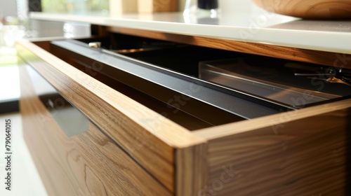 Ultra-modern cabinet featuring push-to-open drawers, emphasizing a seamless, handle-free design