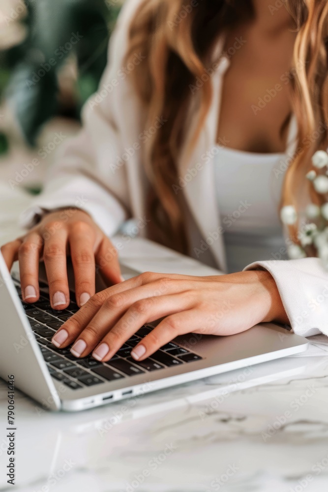 Fototapeta premium A young woman is focused on typing on her laptop. She is casually dressed, likely working from home, with natural light illuminating the scene from the side.