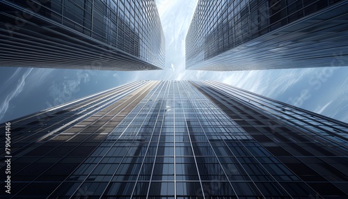 Capture the intricate details of a towering skyscraper from a worms-eye view using photorealistic digital rendering techniques Highlight the contrast between sky and structure