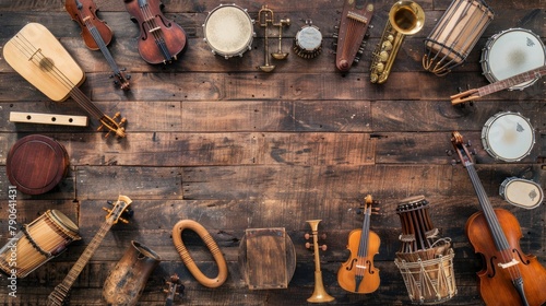 Frame of different musical instruments on wooden background 