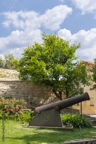 A weathered cannon from a bygone era points skyward amid the gardens of Brescia historical castle, creating a striking contrast against the vibrant greenery and azure sky