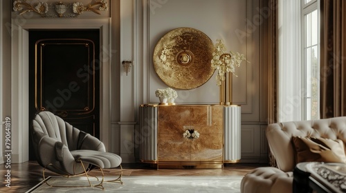 Exquisite luxury cabinet with gold detailing, set in a lavish interior to emphasize opulence