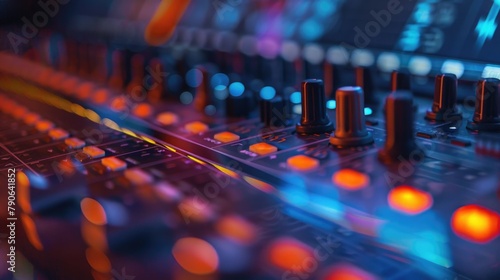audio panel, Mixer control. Music engineer. Backstage controls on an audio mixer, Sound mixer. Professional audio mixing console with lights, buttons, faders and sliders