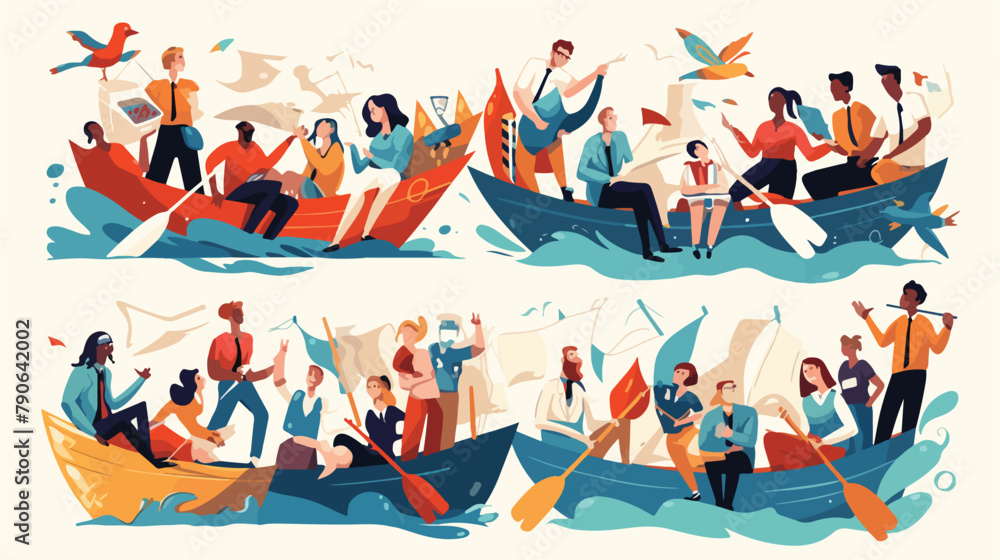 Business team in boat vector illustrations set. Tea