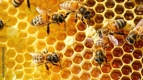 Worker bees Apis mellifera constructing a wax honeycomb on a beehive frame with many cells left incomplete and exposed shining with nectar