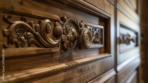 Close-up of custom cabinet craftsmanship, highlighting intricate details and stylish hardware
